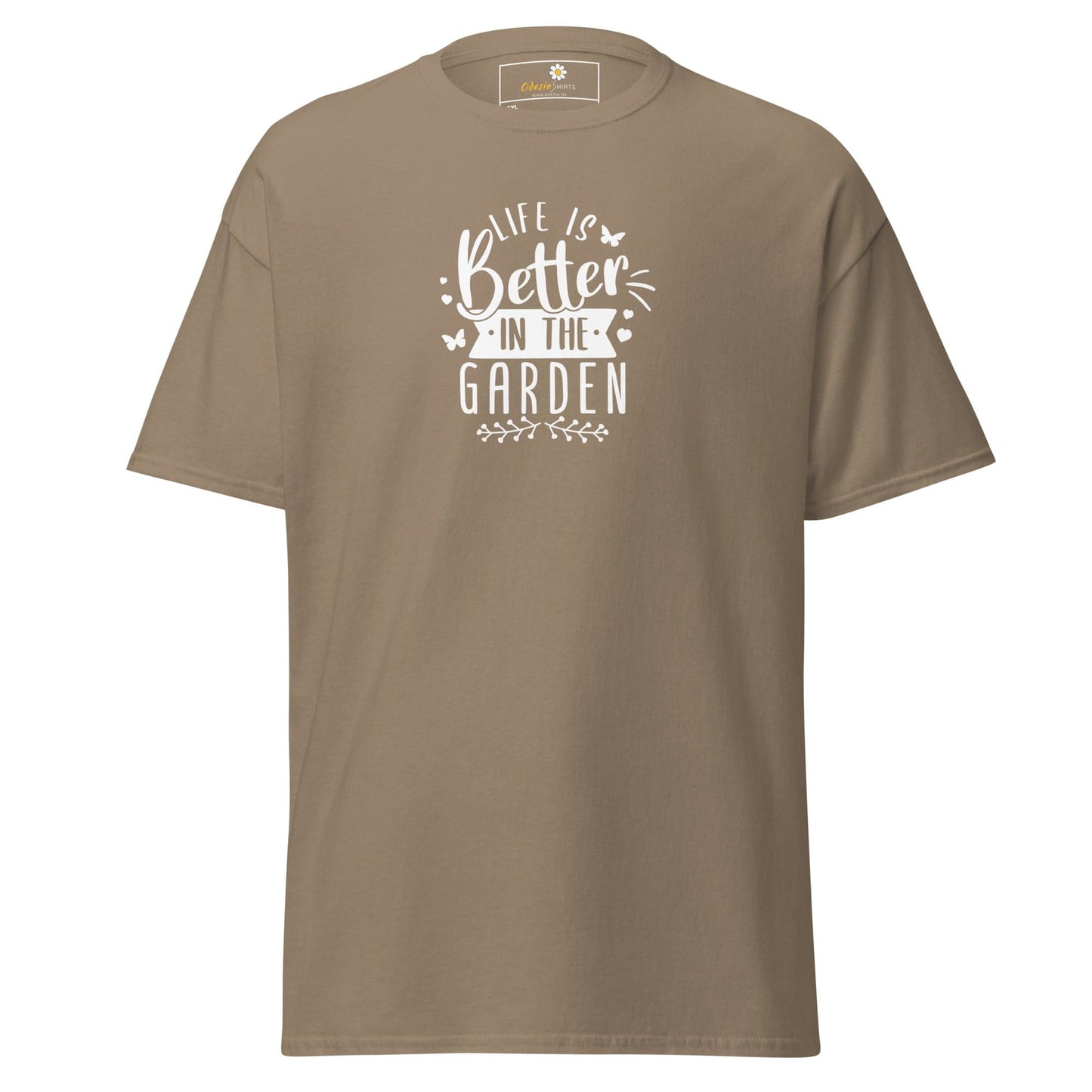Khaki t-shirt with garden-themed text.