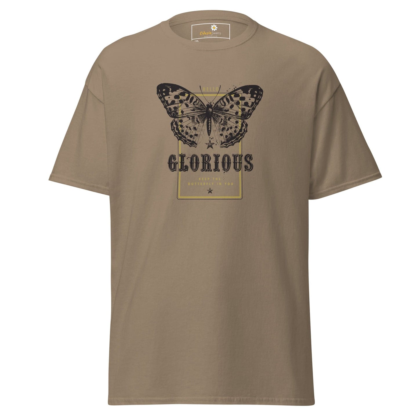 Khaki T-shirt with butterfly graphic for men and women in sizes 2XL to 5XL