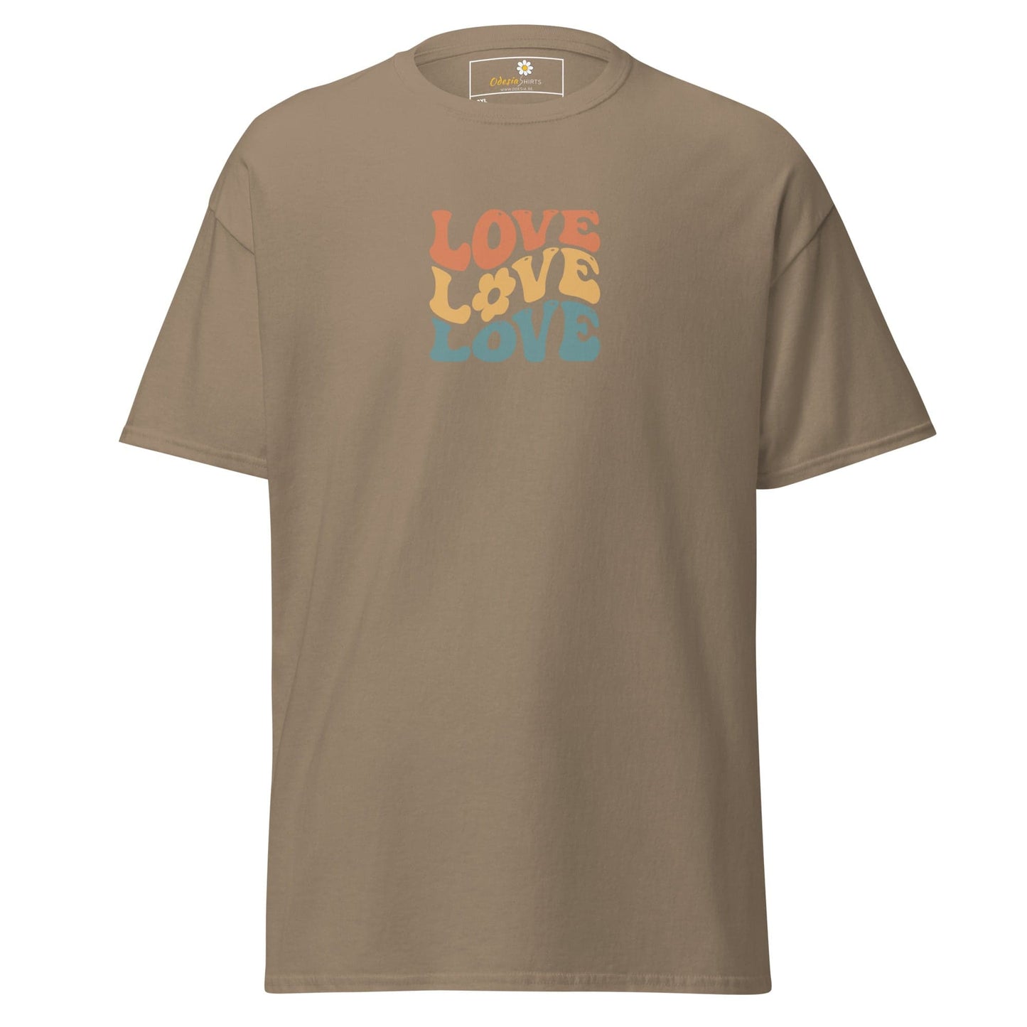 Khaki t-shirt with ’Love’ text.
