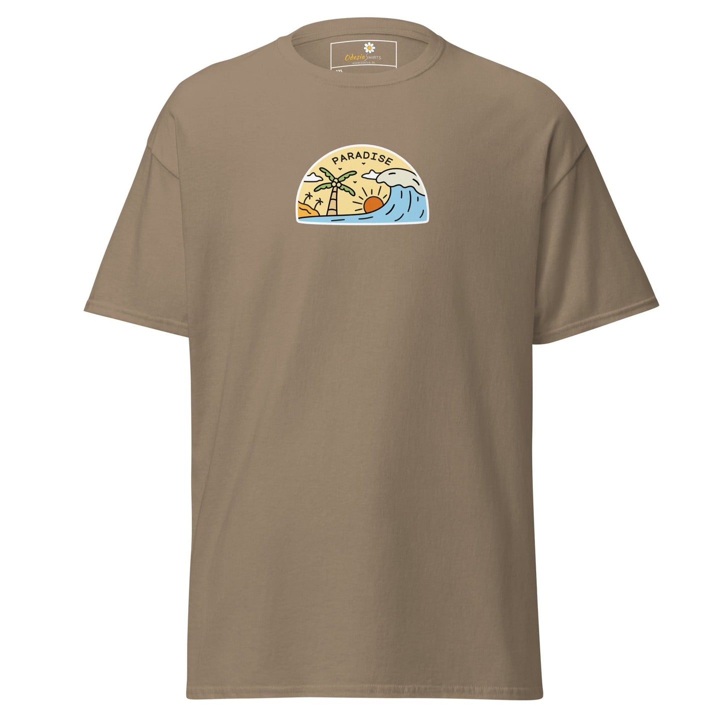Khaki t-shirt with a paradise graphic.