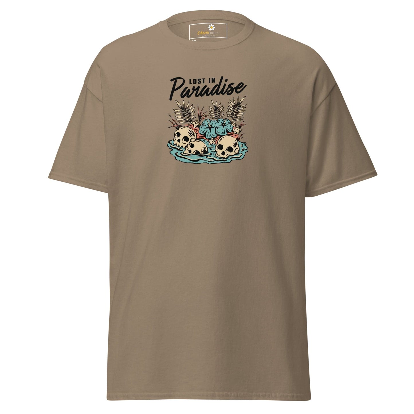 Khaki T-shirt with skull graphic from T-SHIRT DESIGN TEE for Men and Women in 2XL to 5XL