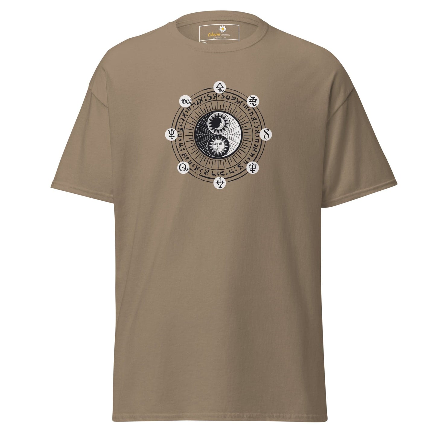 Khaki t-shirt with yin-yang design.