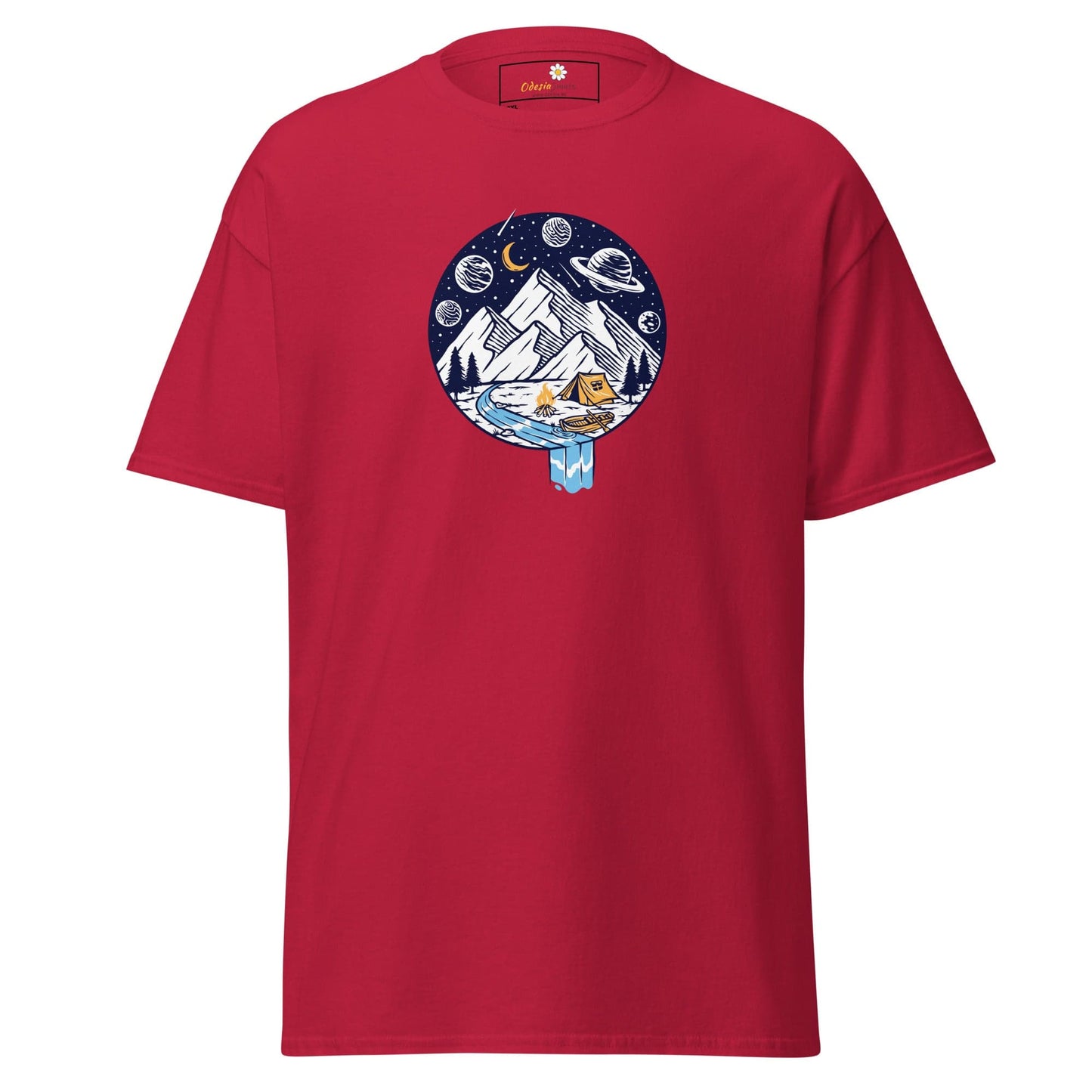 Red t-shirt with mountain and space graphic.