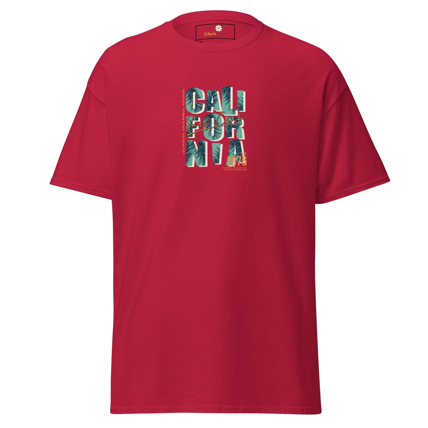 Red t-shirt with ’California’ graphic.