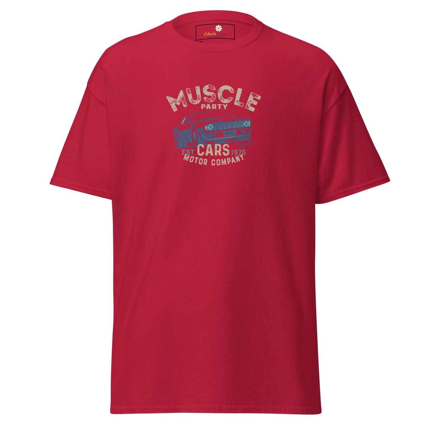 Red t-shirt with car graphic.