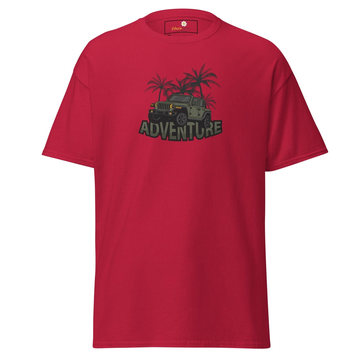Red T-shirt with adventure graphic for men and women in sizes 2XL to 5XL