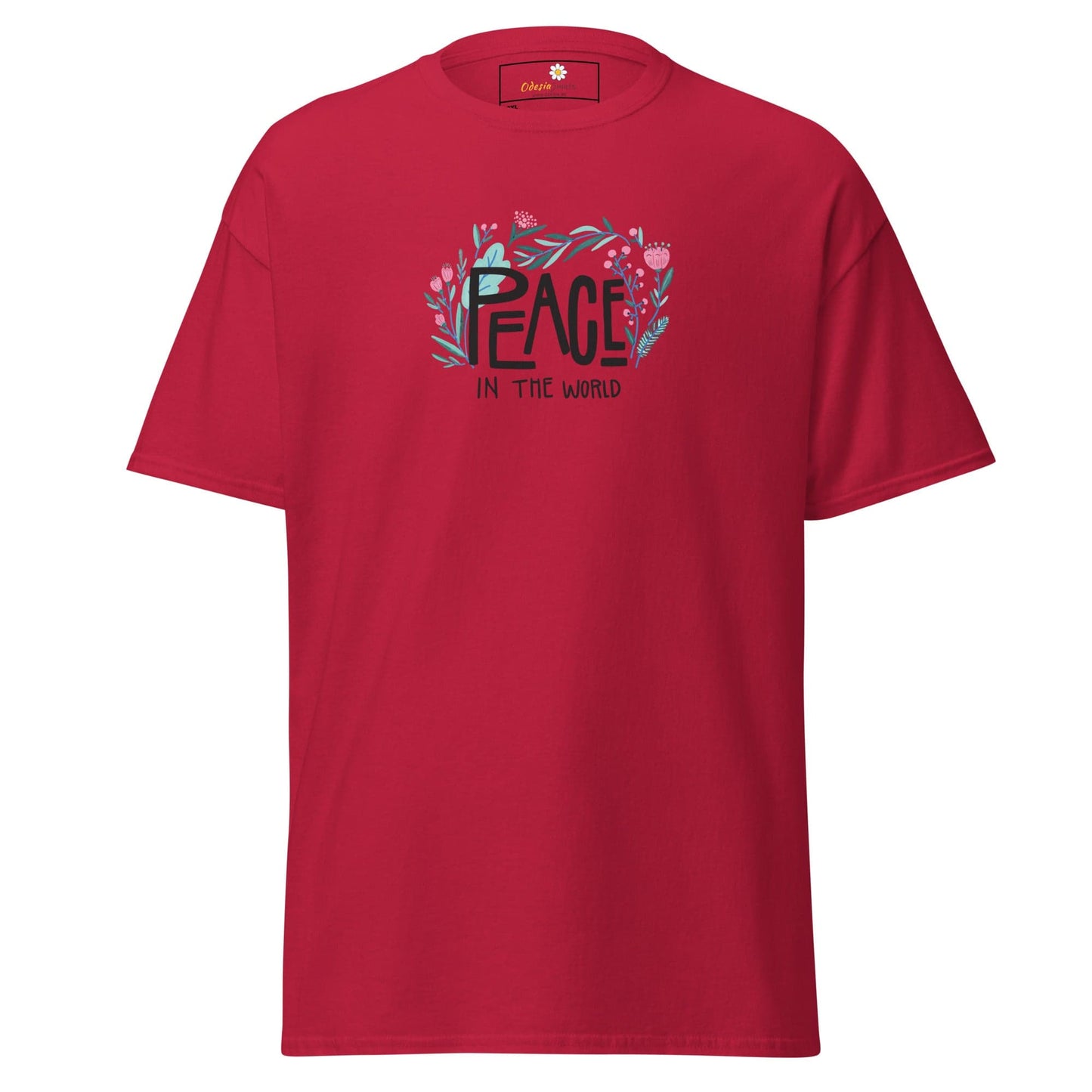 Red T-shirt with Peace in the World graphic from T-SHIRT DESIGN TEE for Men and Women