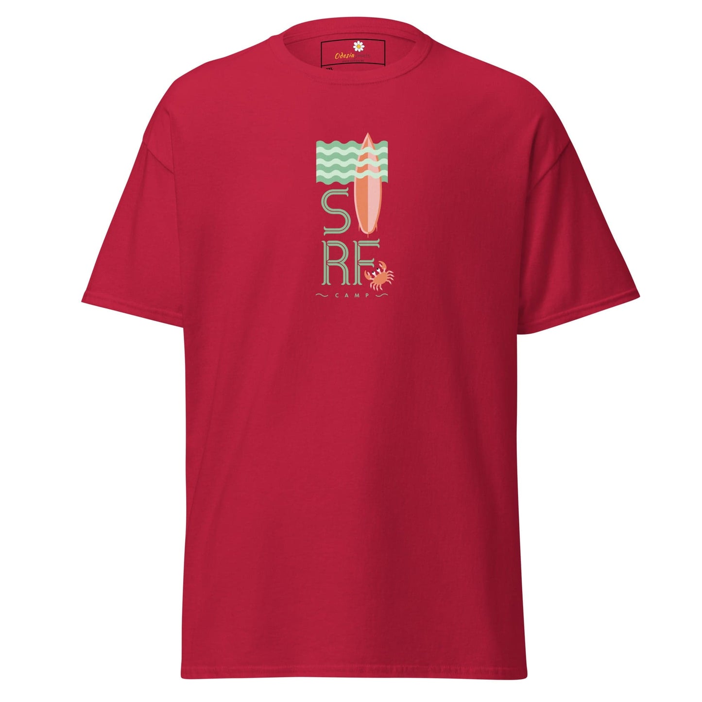 Red t-shirt with surf design.