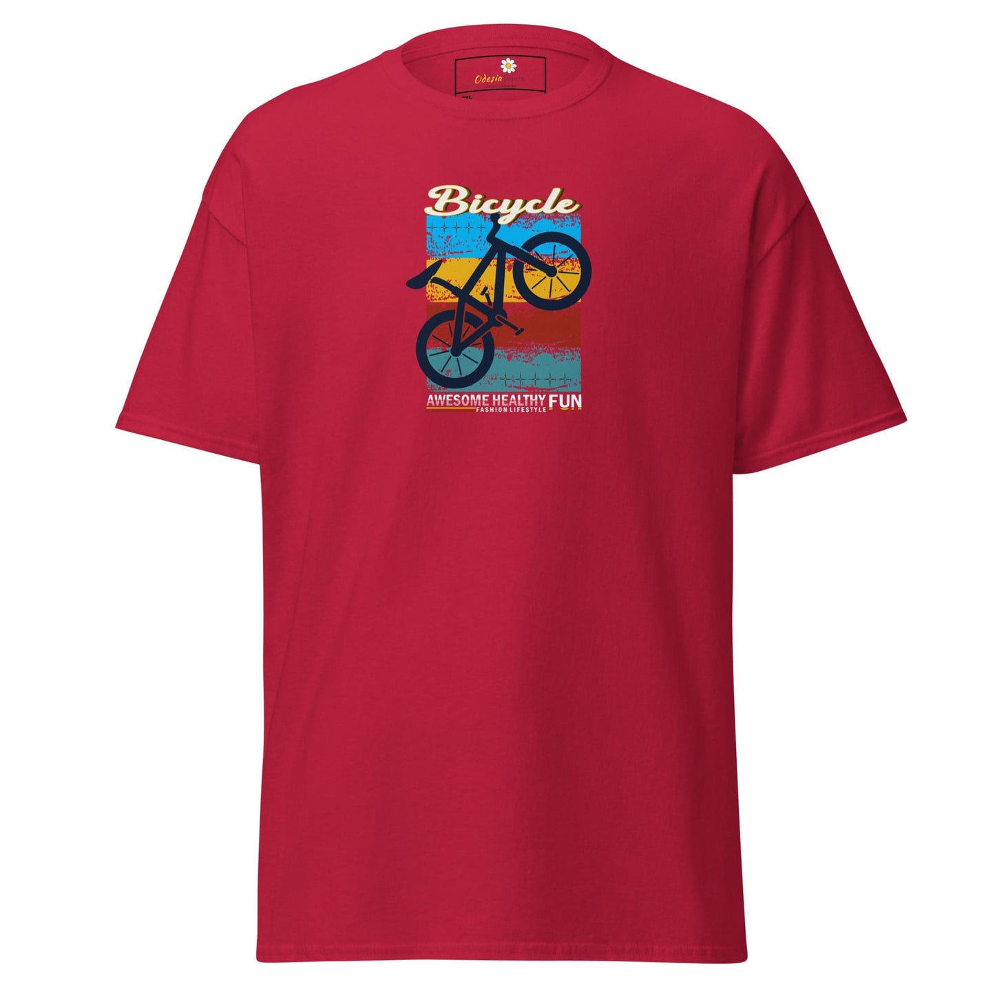 Red T-shirt with bicycle graphic for men and women in 2XL to 5XL sizes