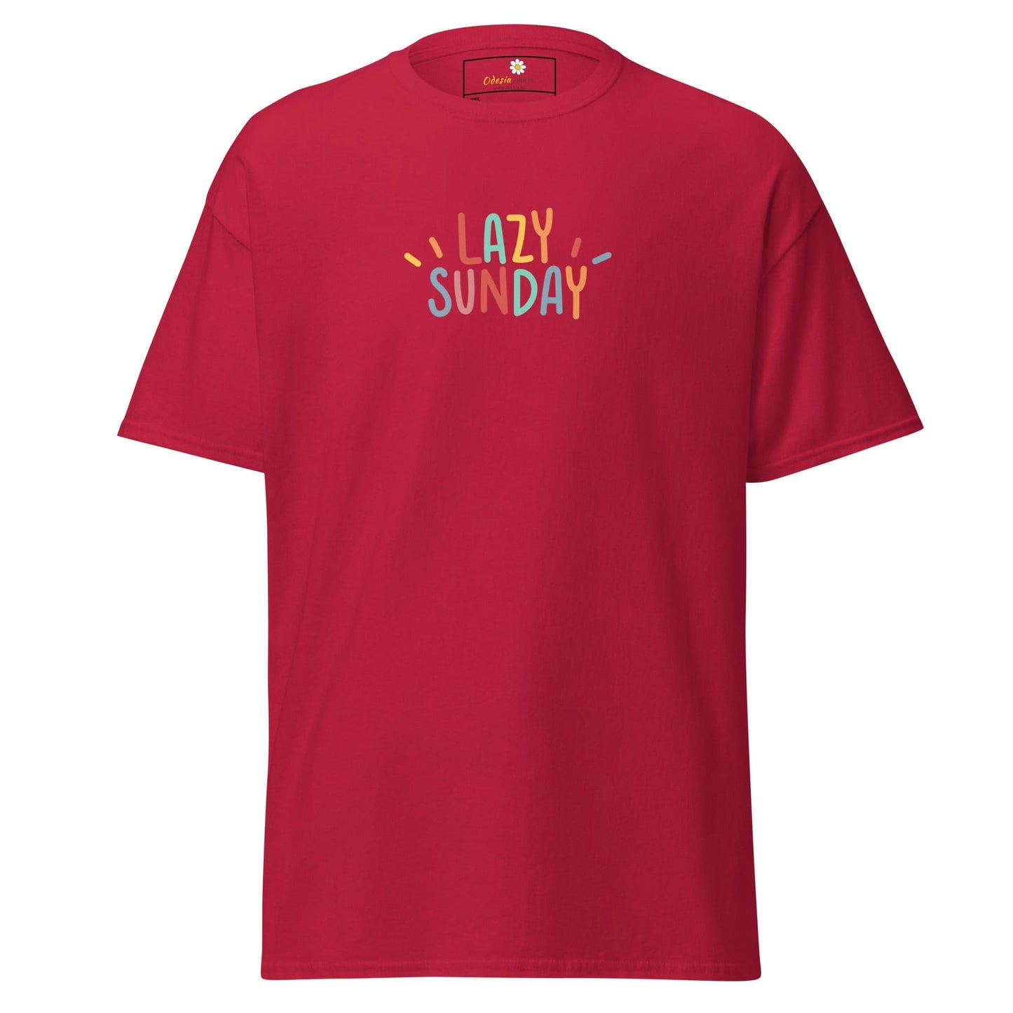 Red t-shirt with ’Lazy Sunday’ text.