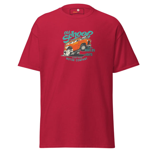 Red t-shirt with car graphic.