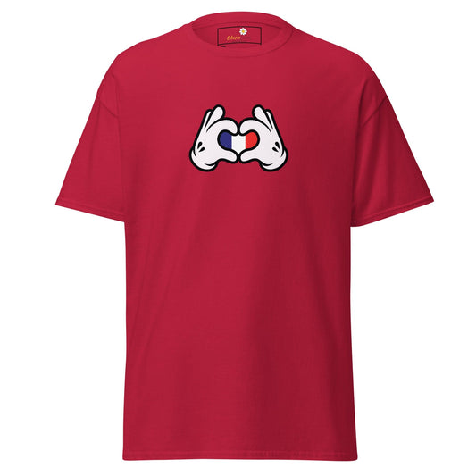 Red t-shirt with cartoon hands forming a heart with the French flag.