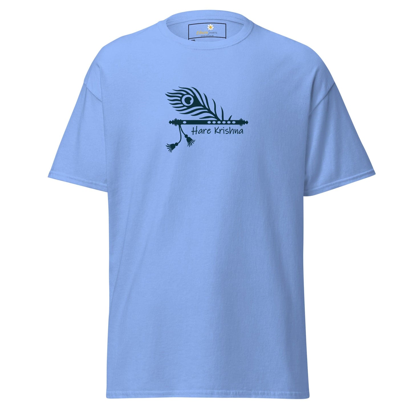 Light blue T-shirt with flute and peacock feather design for men and women in 2XL to 5XL