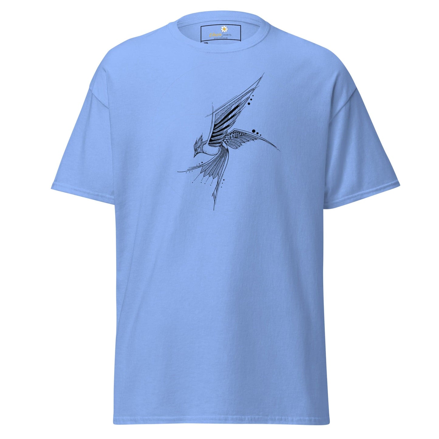 Light blue T-shirt with bird design for men and women in sizes 2XL to 5XL