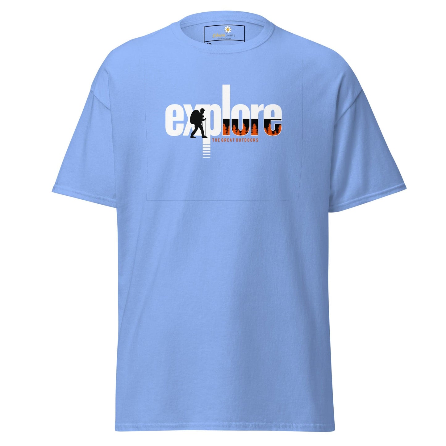 Light blue t-shirt with ’explore’ graphic.