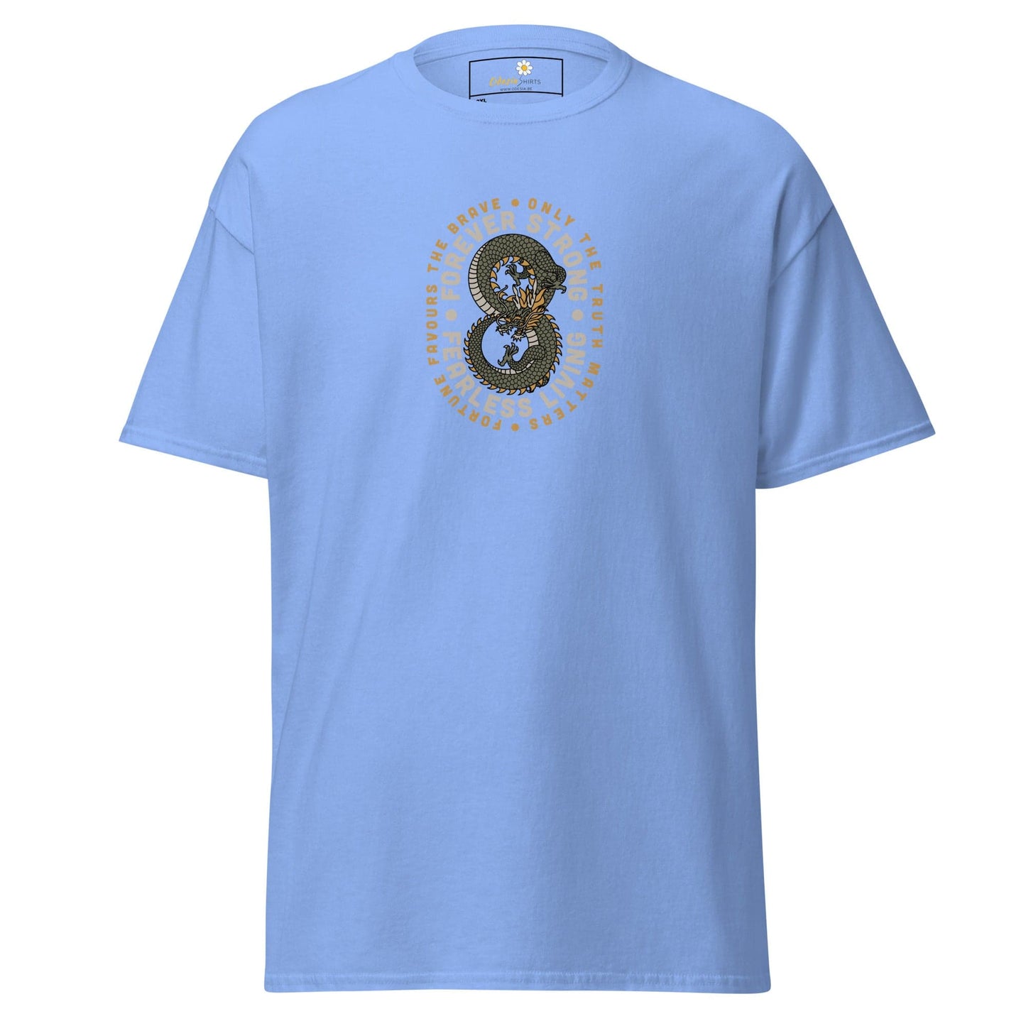Light blue t-shirt with dragon design.