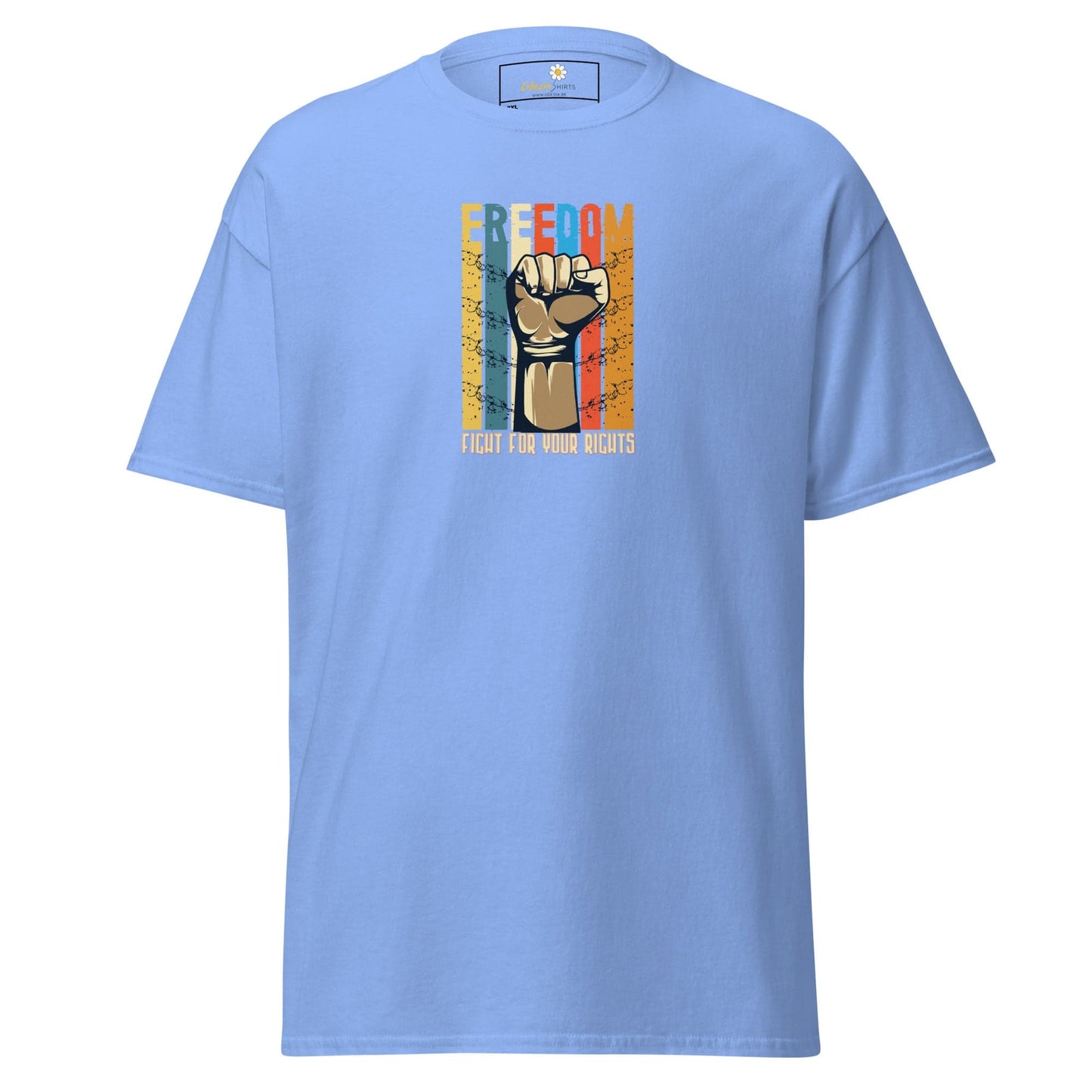 Light blue T-shirt featuring a freedom fist graphic for men and women in sizes 2XL to 5XL