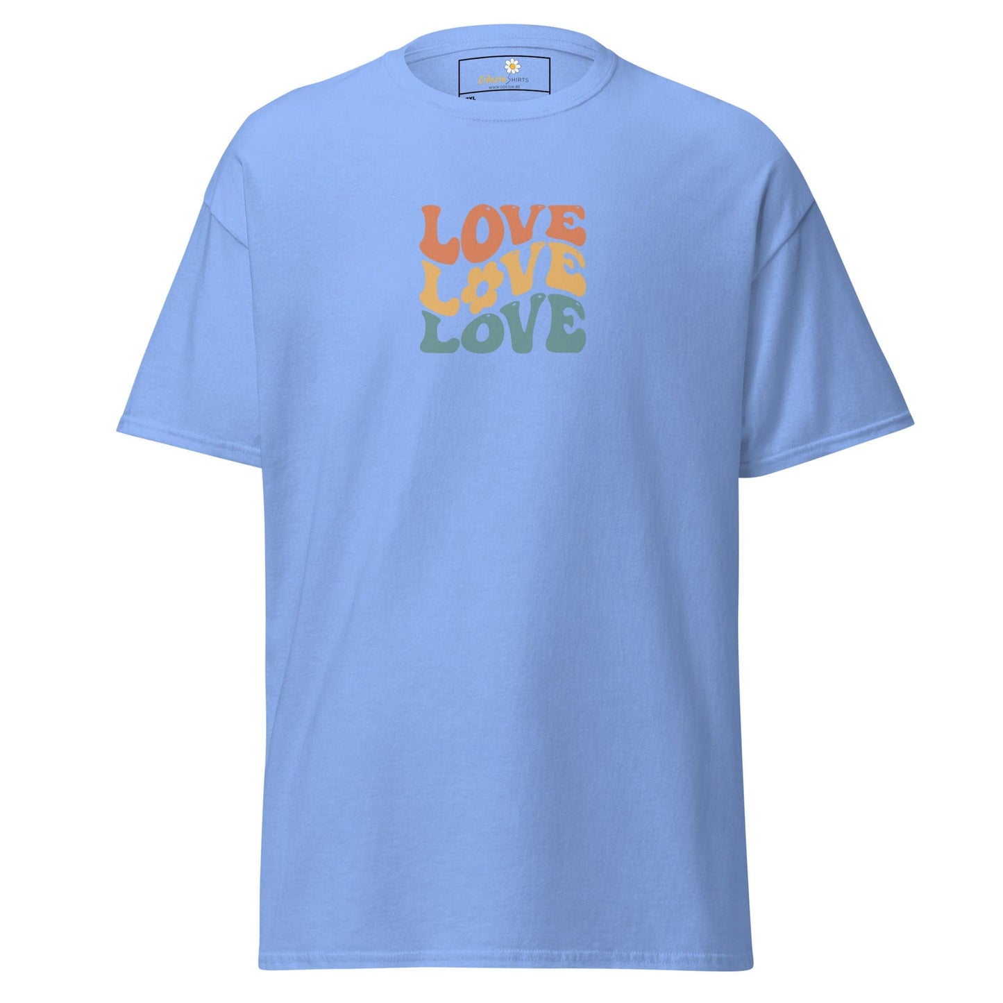 Light blue t-shirt with stacked ’LOVE’ text.