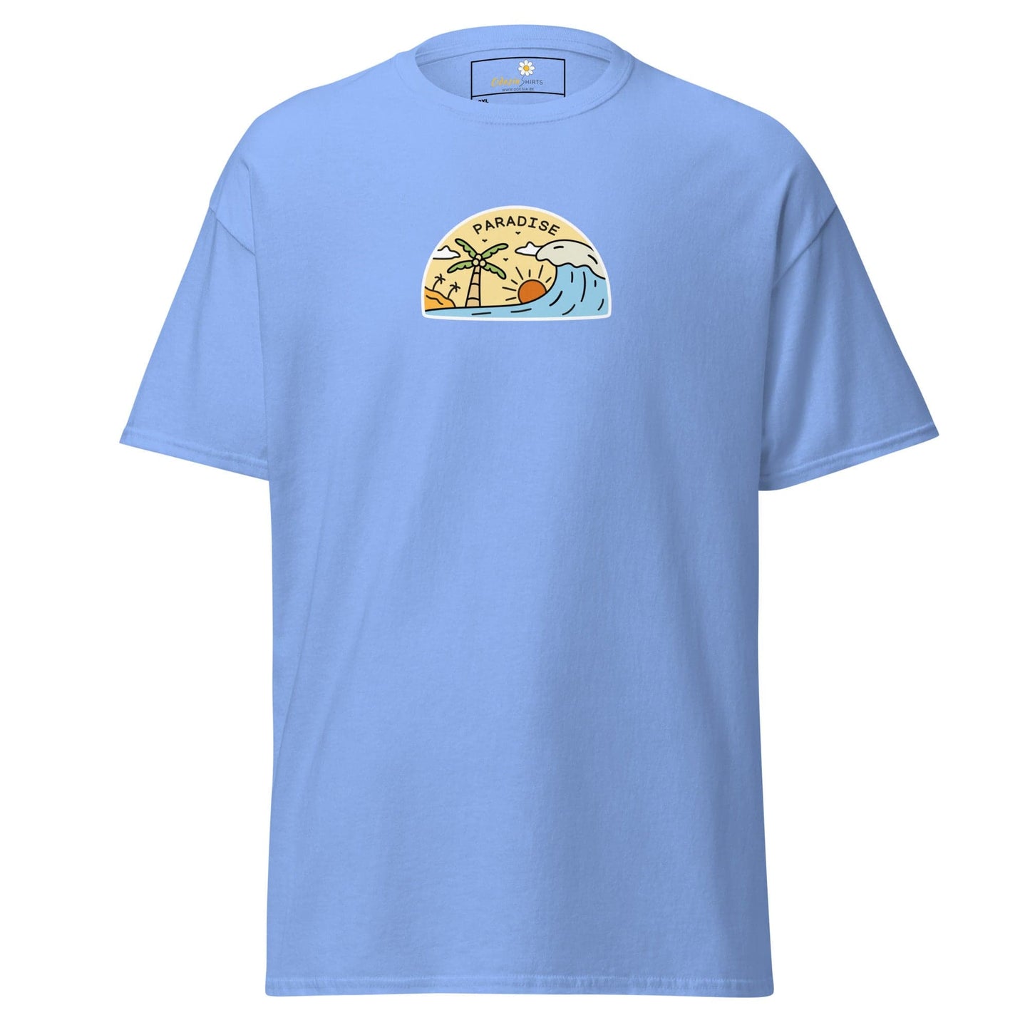 Light blue t-shirt with a beach scene.