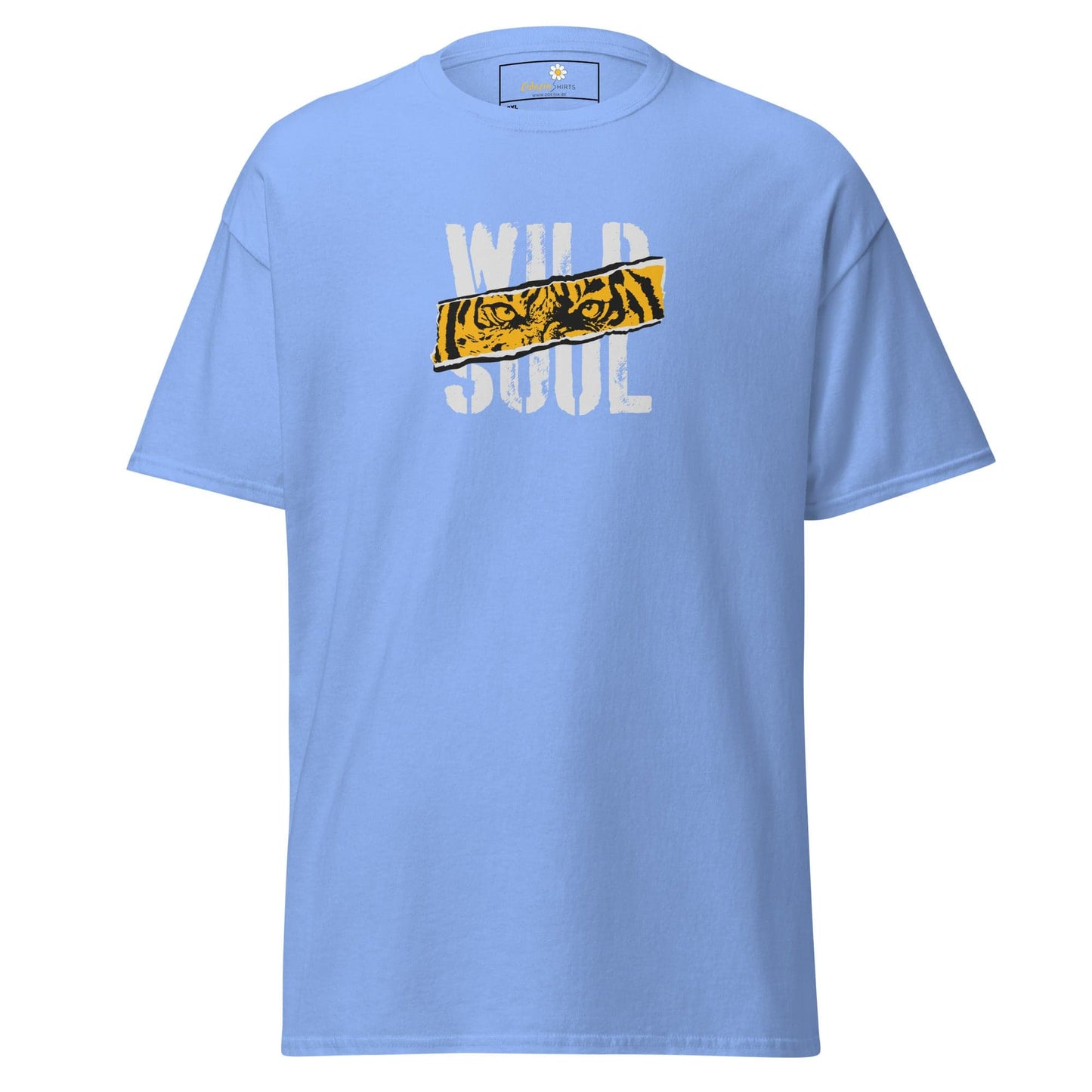 Light blue t-shirt with tiger graphic.