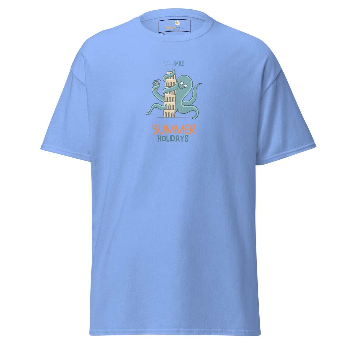 Light blue t-shirt.