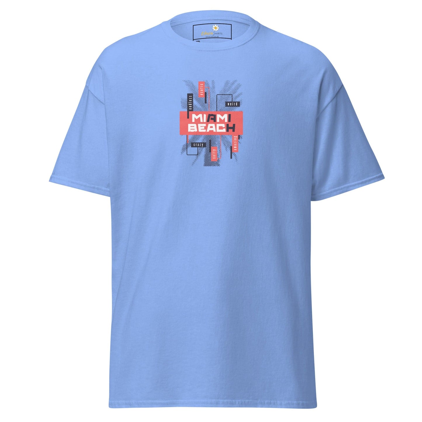 Light blue t-shirt featuring a Miami Beach graphic for men and women in sizes 2XL to 5XL