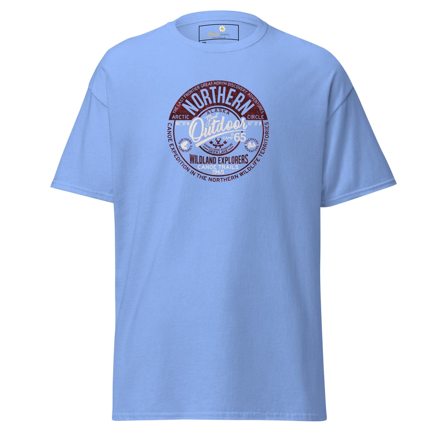 Light blue t-shirt with circular graphic.