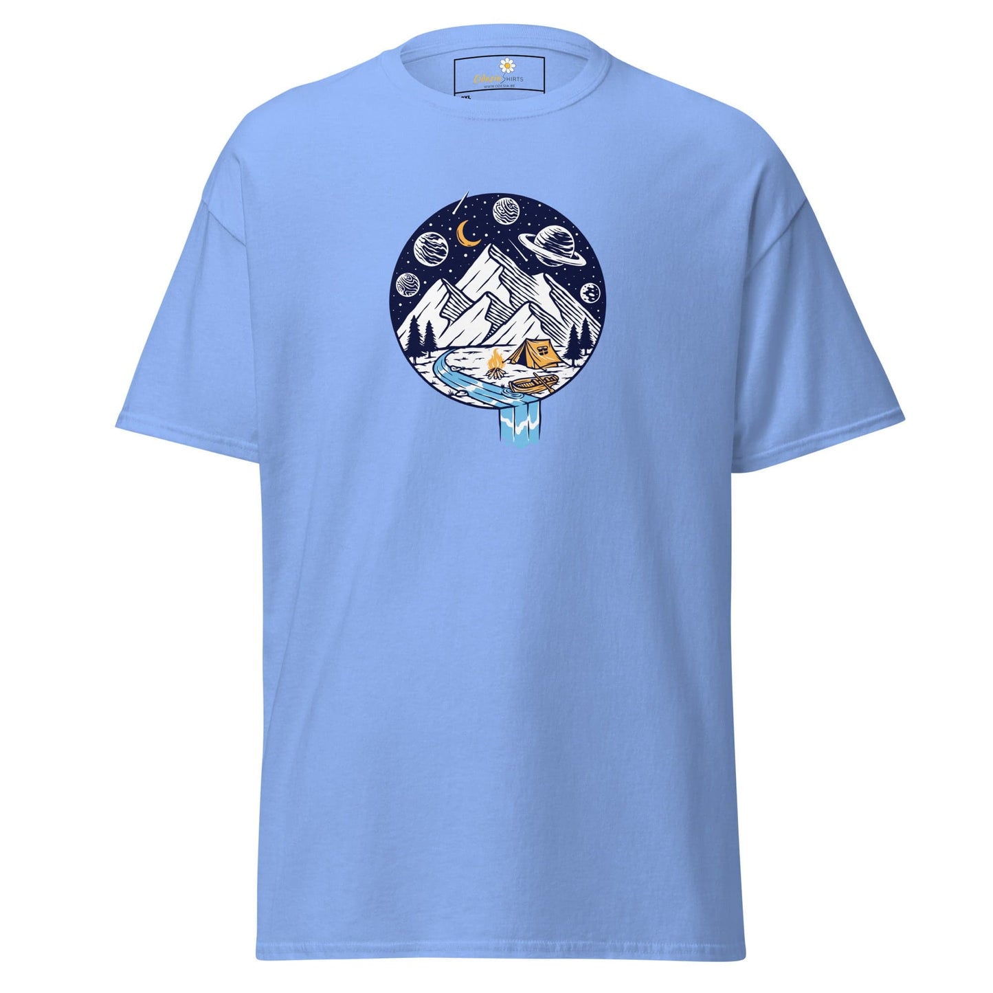 Light blue t-shirt with camping graphic.