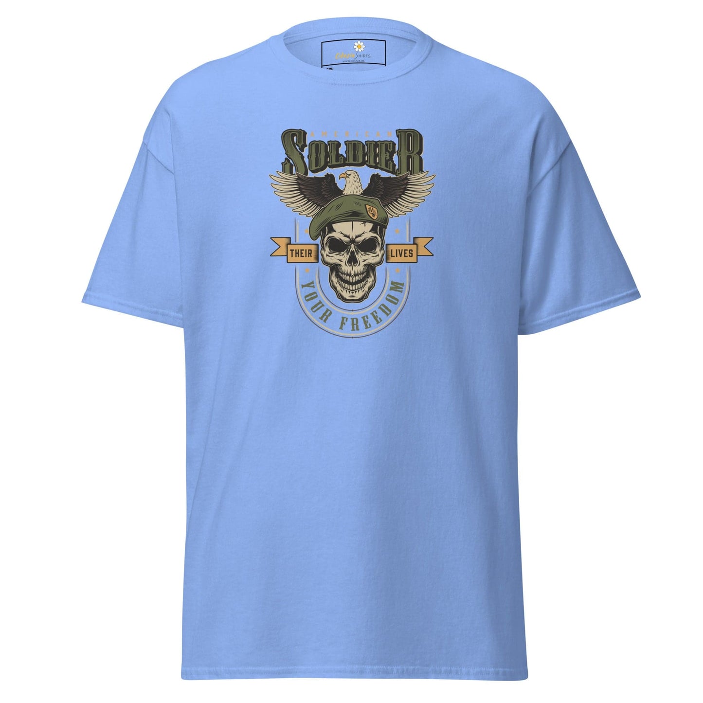 Light blue T-shirt with soldier skull graphic for men and women in 2XL to 5XL sizes