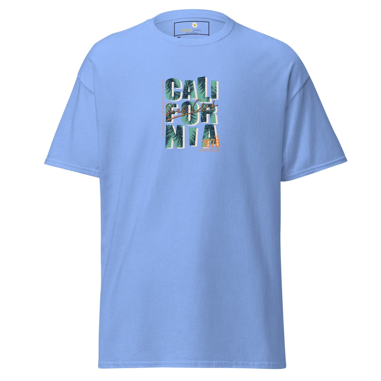 Light blue t-shirt with ’California’ graphic.