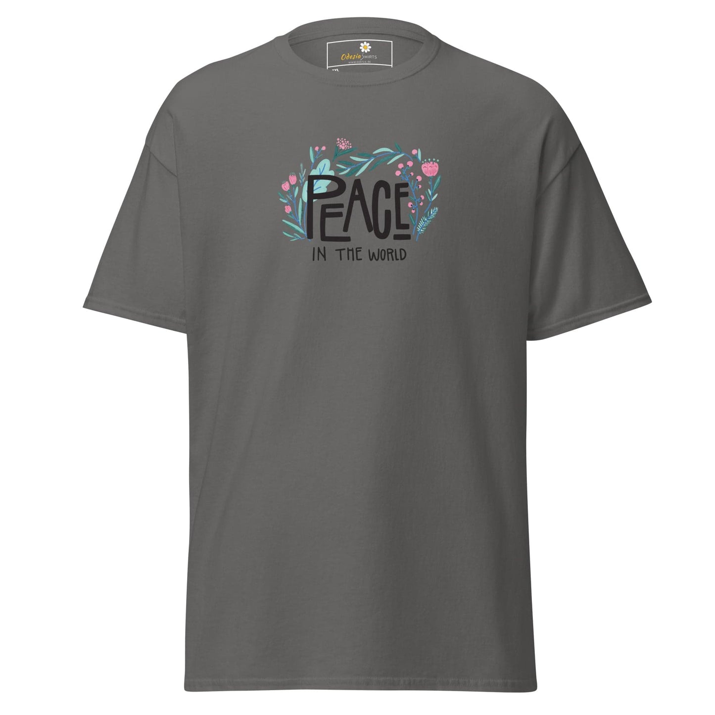 Gray t-shirt with Peace in the World graphic, available in large sizes for men and women