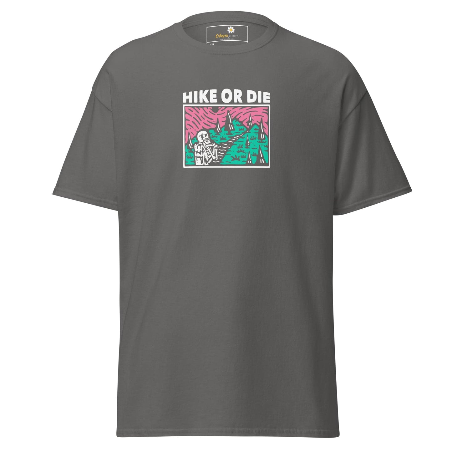 Gray t-shirt with ’Hike or Die’ graphic.