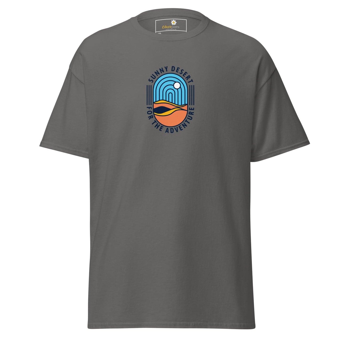 Gray T-shirt with desert graphic displayed on men’s and women’s T-SHIRT DESIGN TEE in sizes 2XL to 5XL