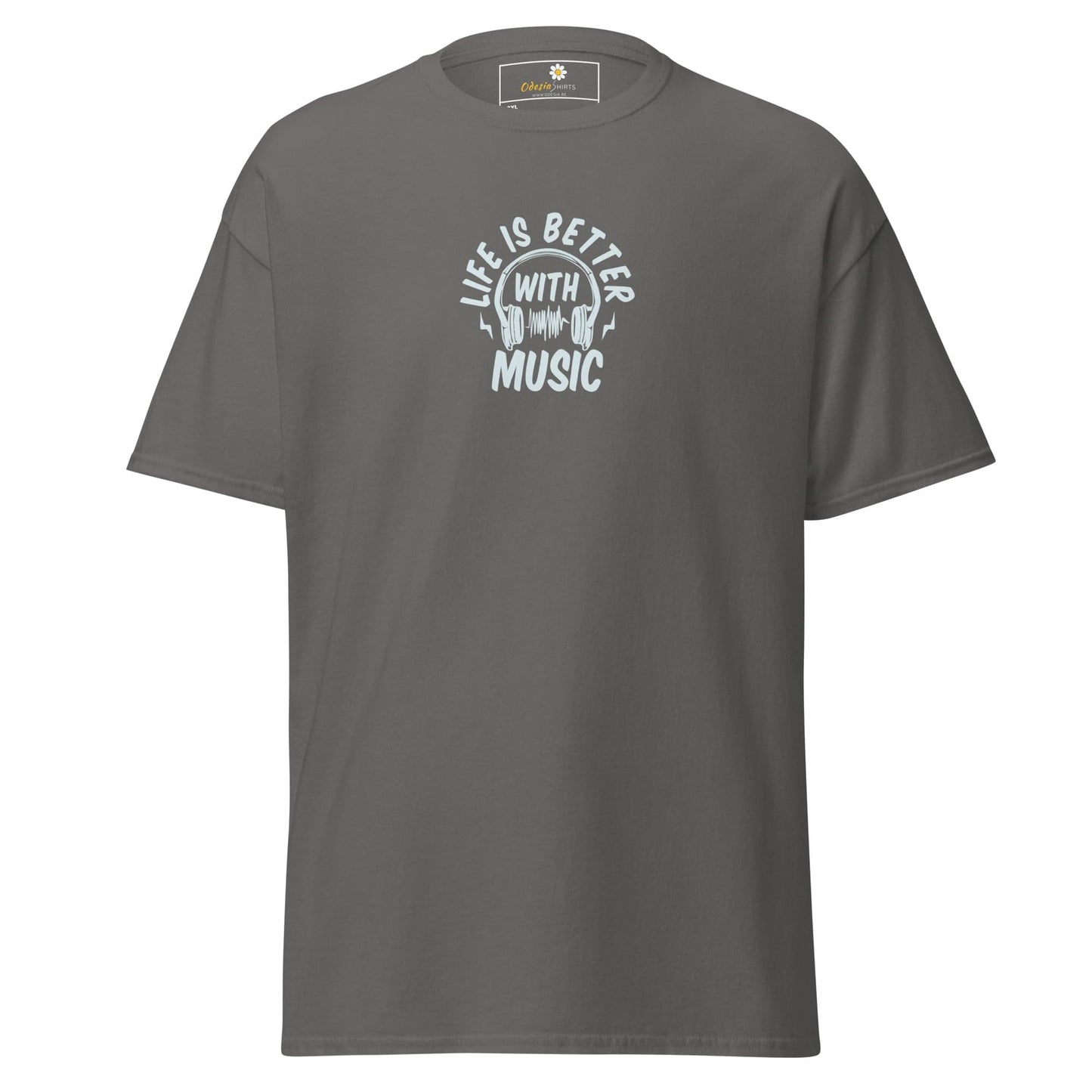 Gray T-shirt with music graphic available in men’s and women’s sizes 2XL to 5XL