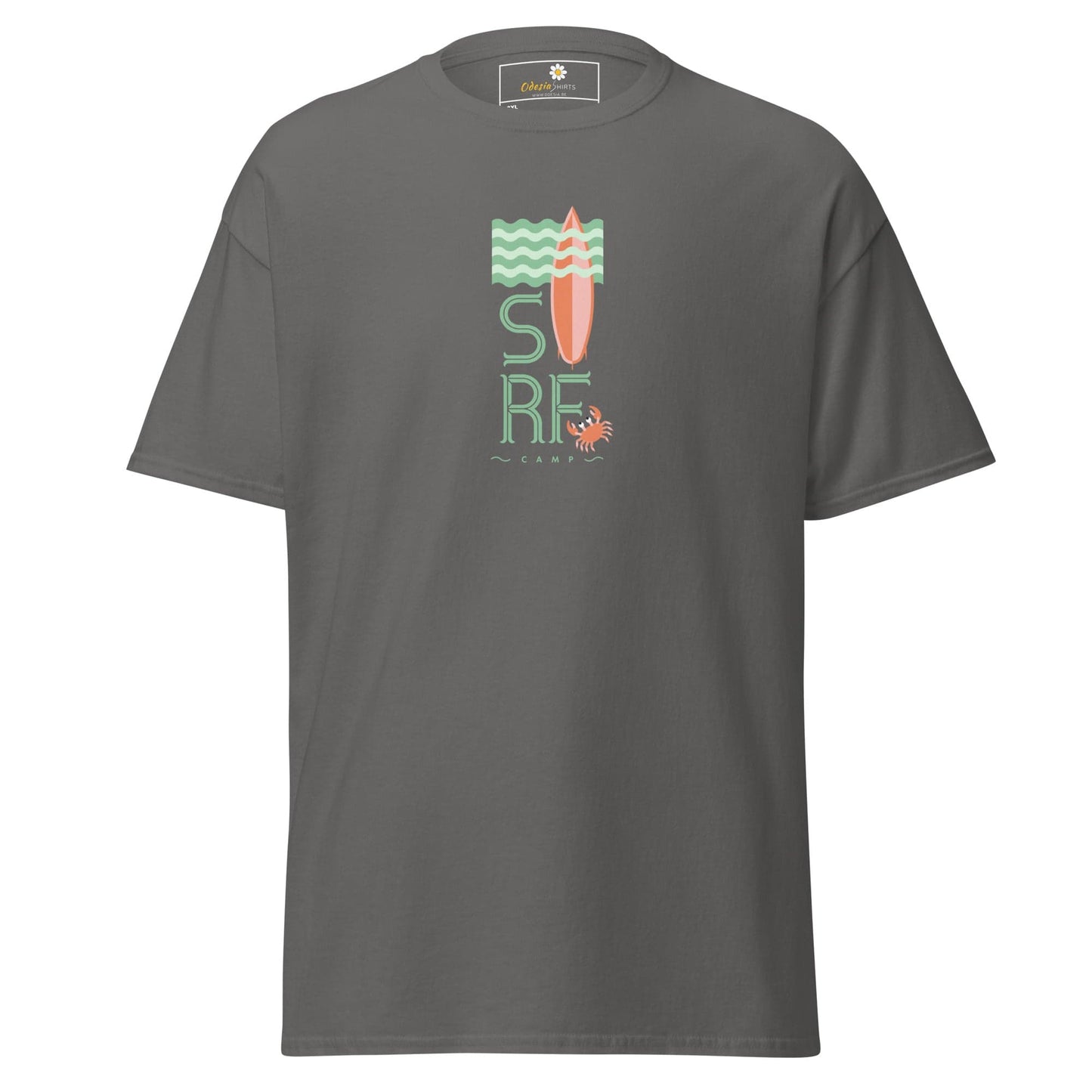 Gray t-shirt with surf design.