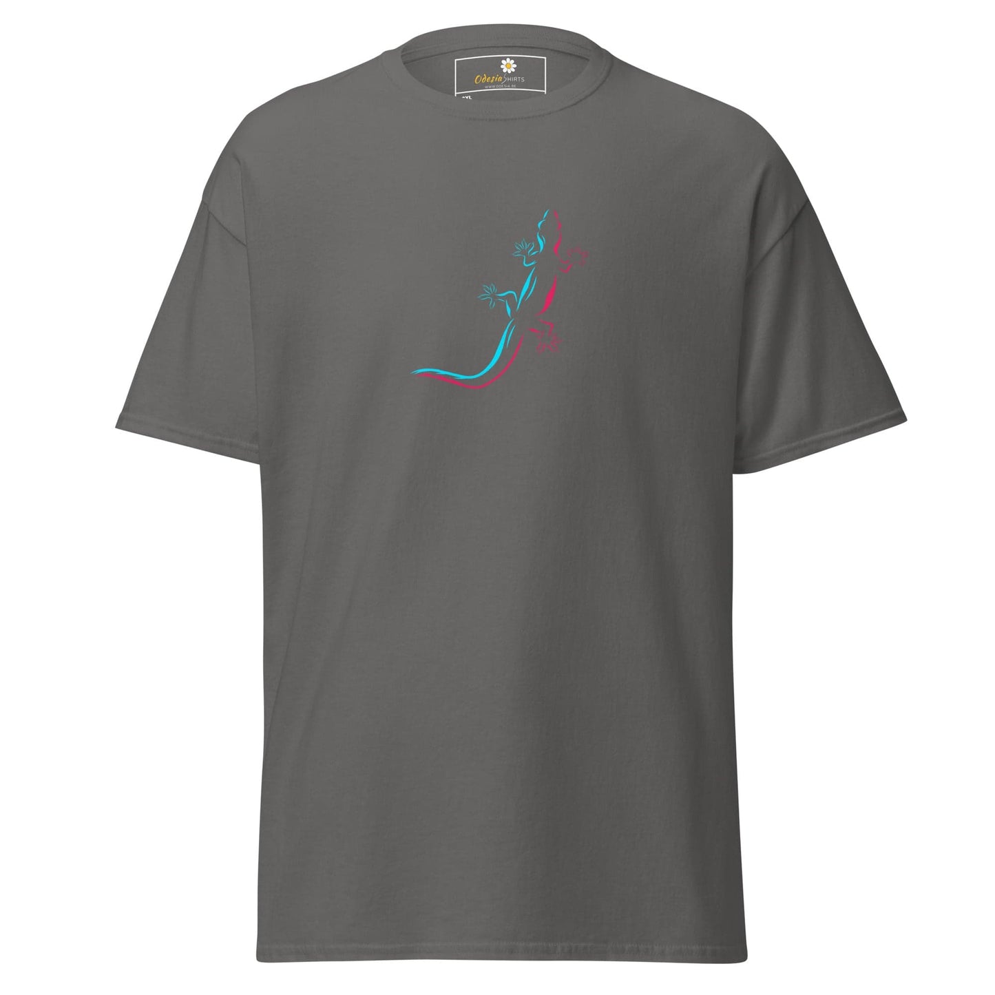 Gray t-shirt with lizard design.