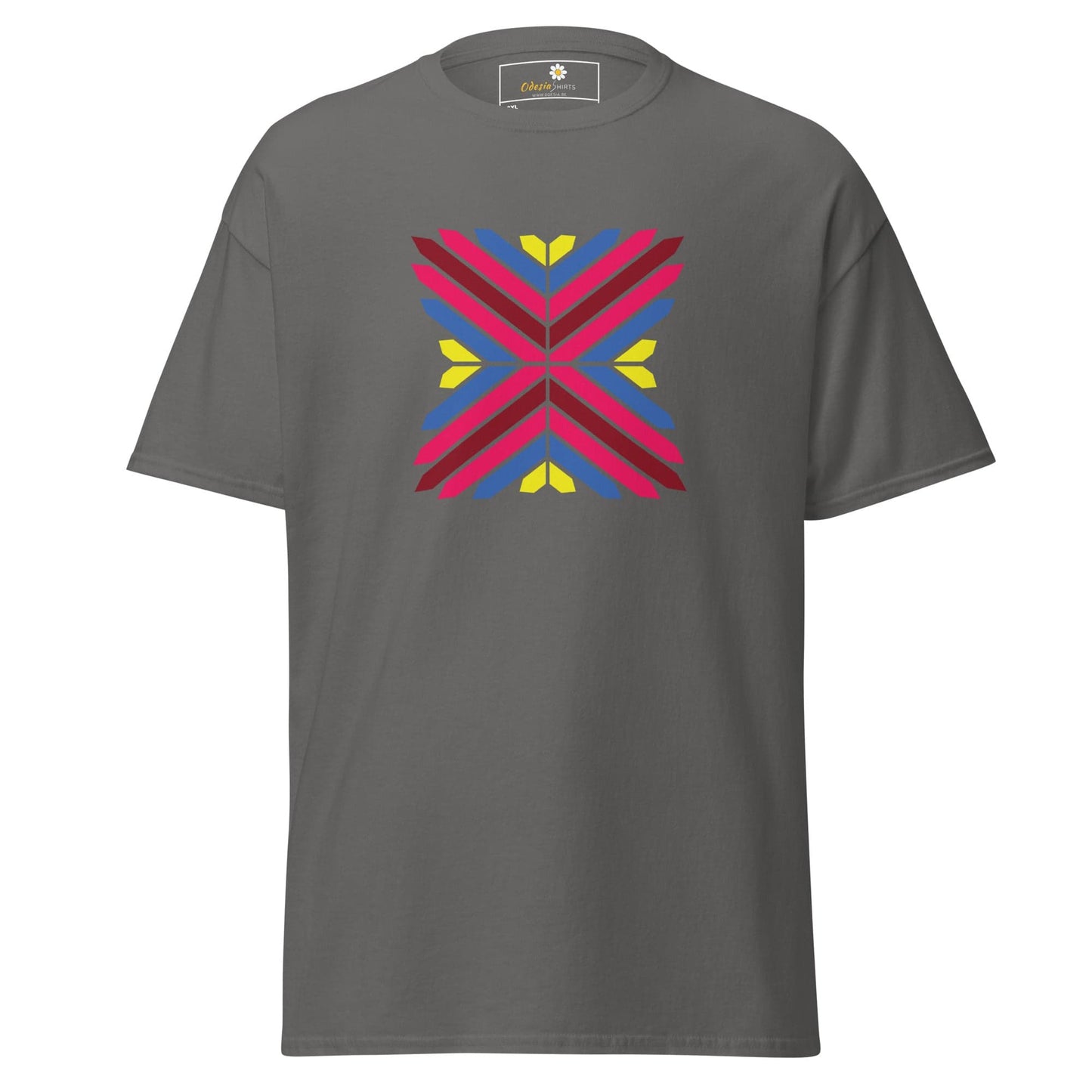 Gray T-shirt with colorful geometric design for men and women in 2XL to 5XL sizes