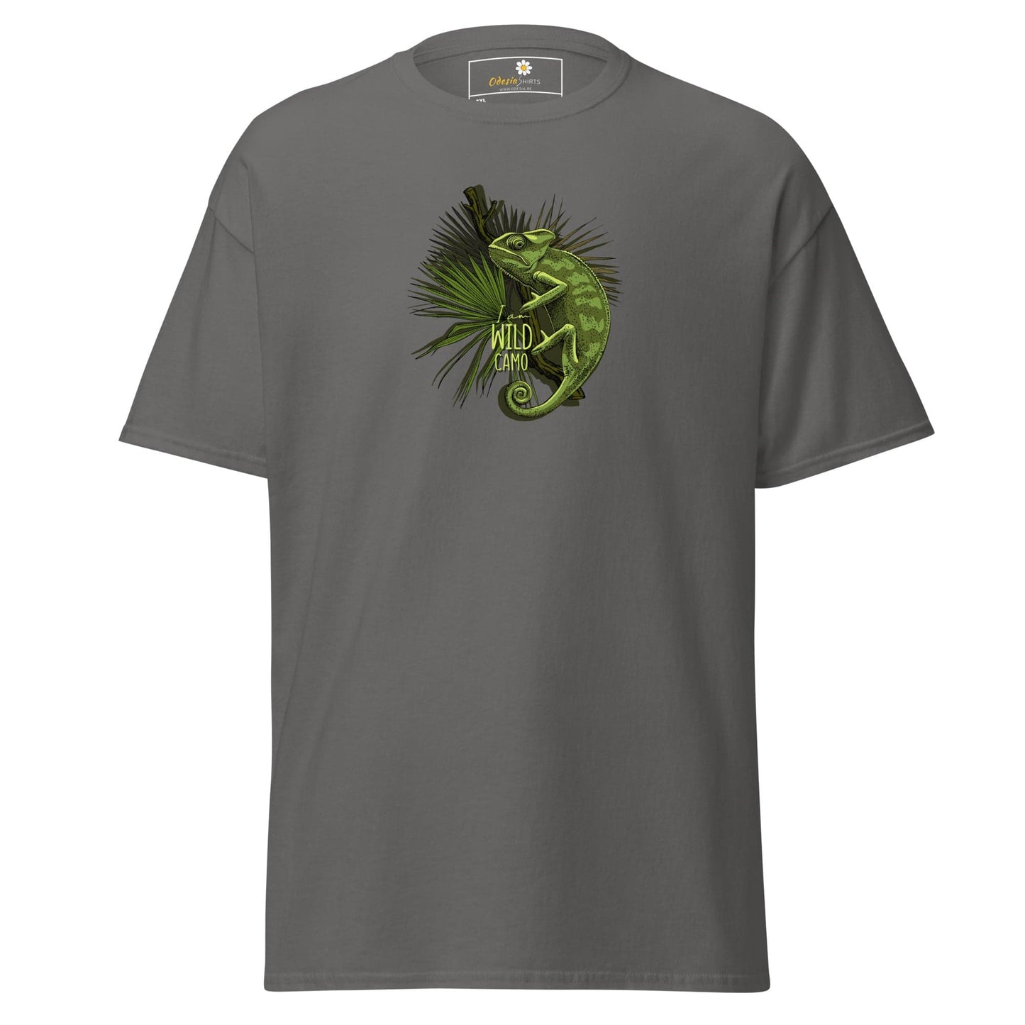 Gray t-shirt with chameleon graphic.