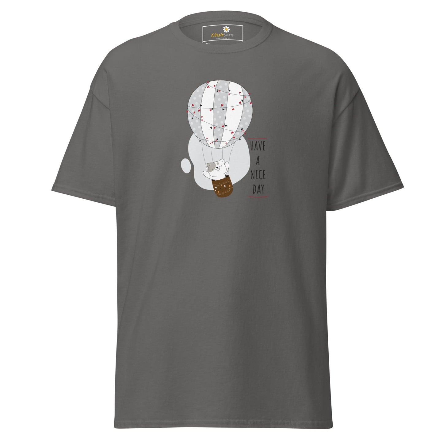 Gray T-shirt with cartoon hot air balloon graphic for men and women in sizes 2XL to 5XL