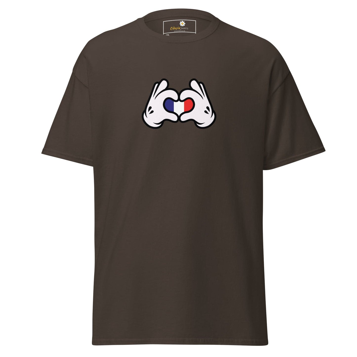 Brown t-shirt with cartoon hands forming a heart with the French flag.