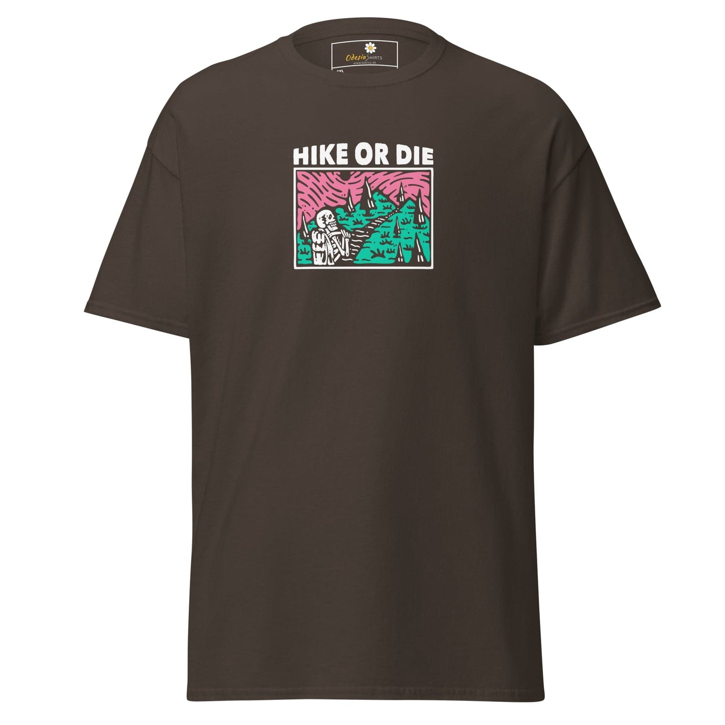 Brown t-shirt with ’Hike or Die’ graphic.