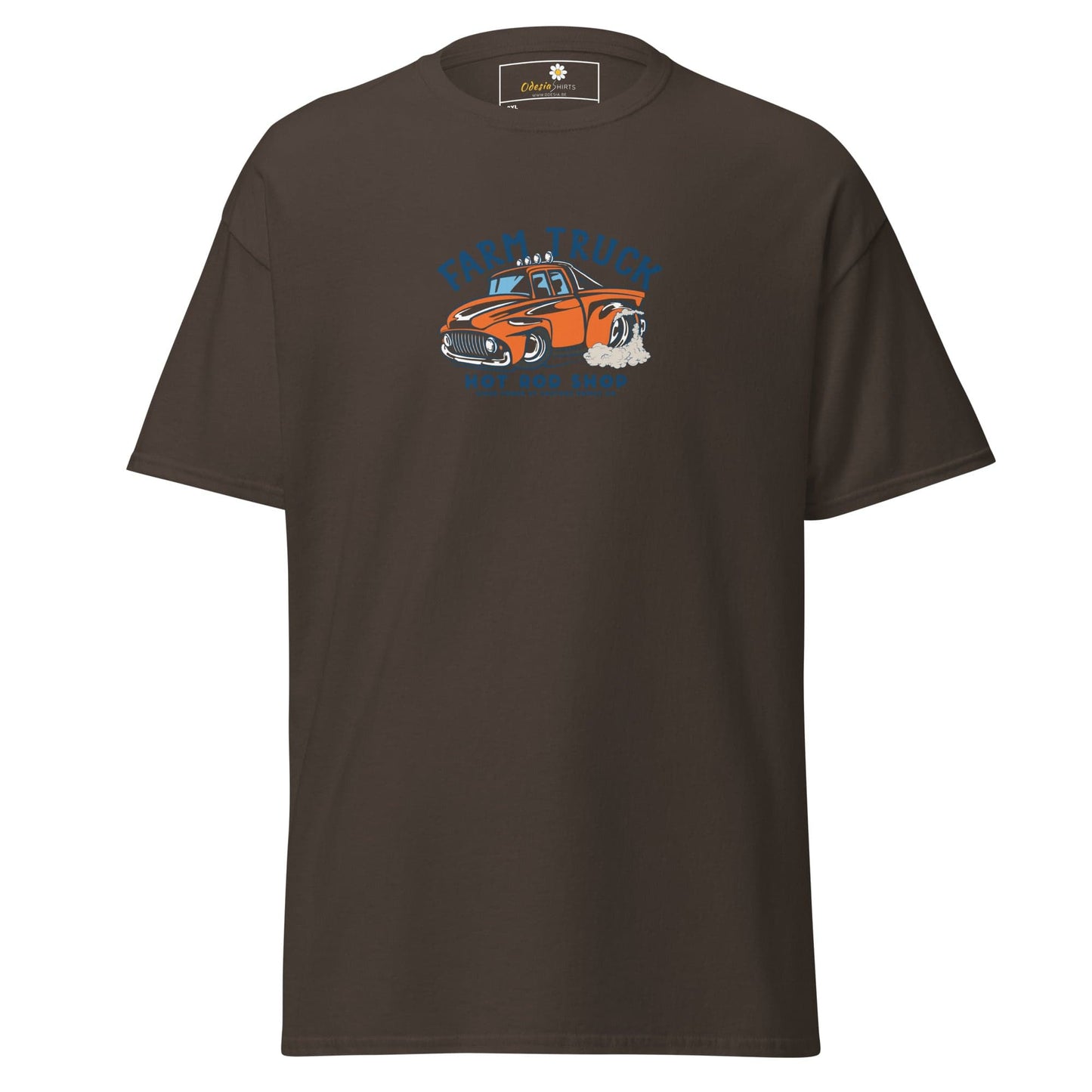 Brown t-shirt with truck graphic.