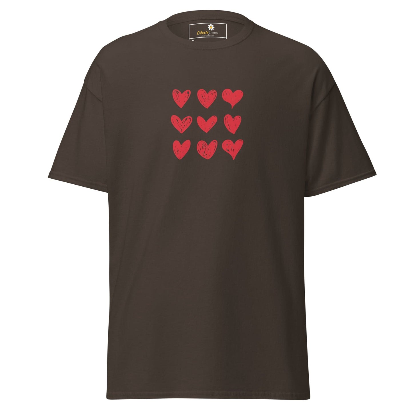 Brown t-shirt with red heart pattern.