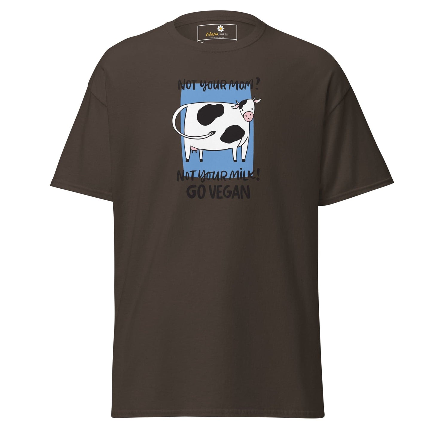 Brown t-shirt with cow graphic.