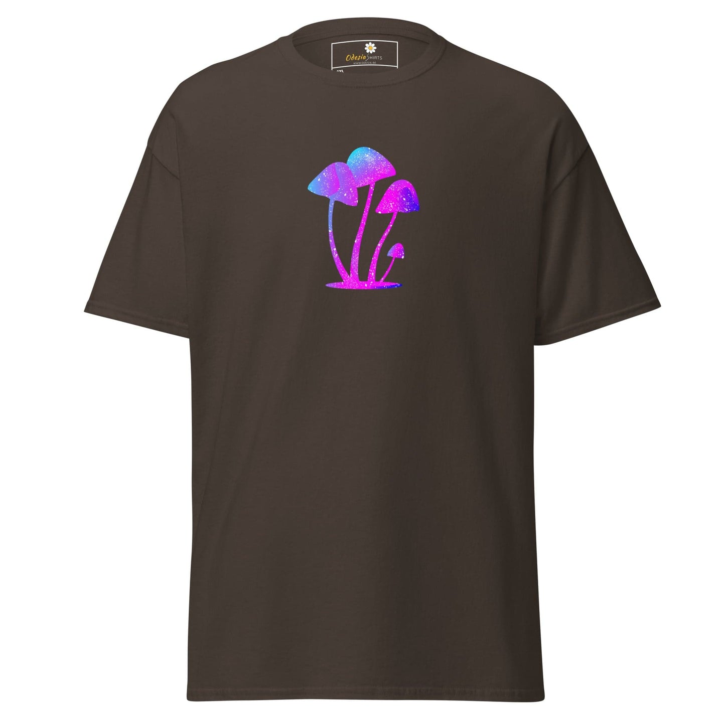 Brown t-shirt with mushroom graphic.