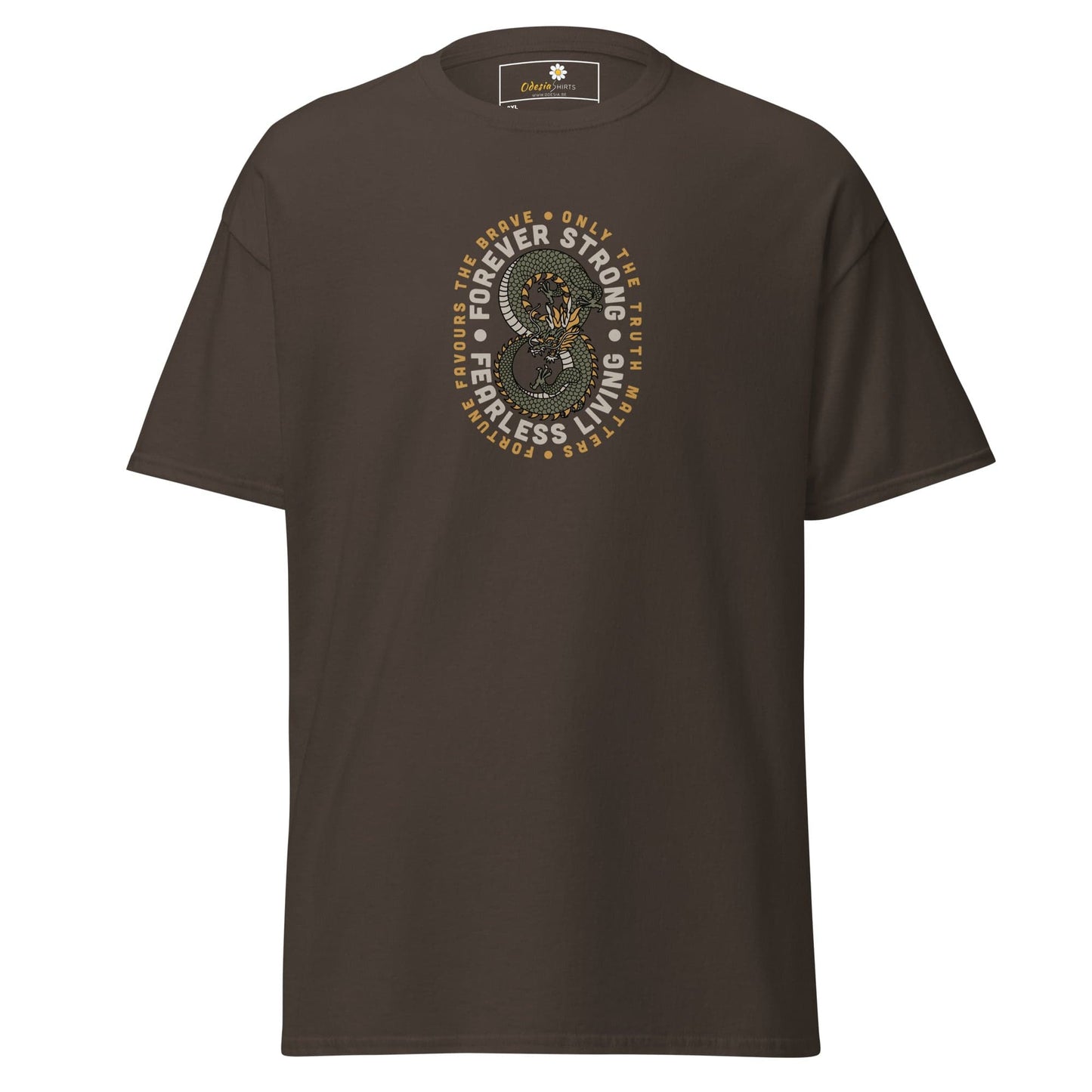 Brown t-shirt with dragon graphic.