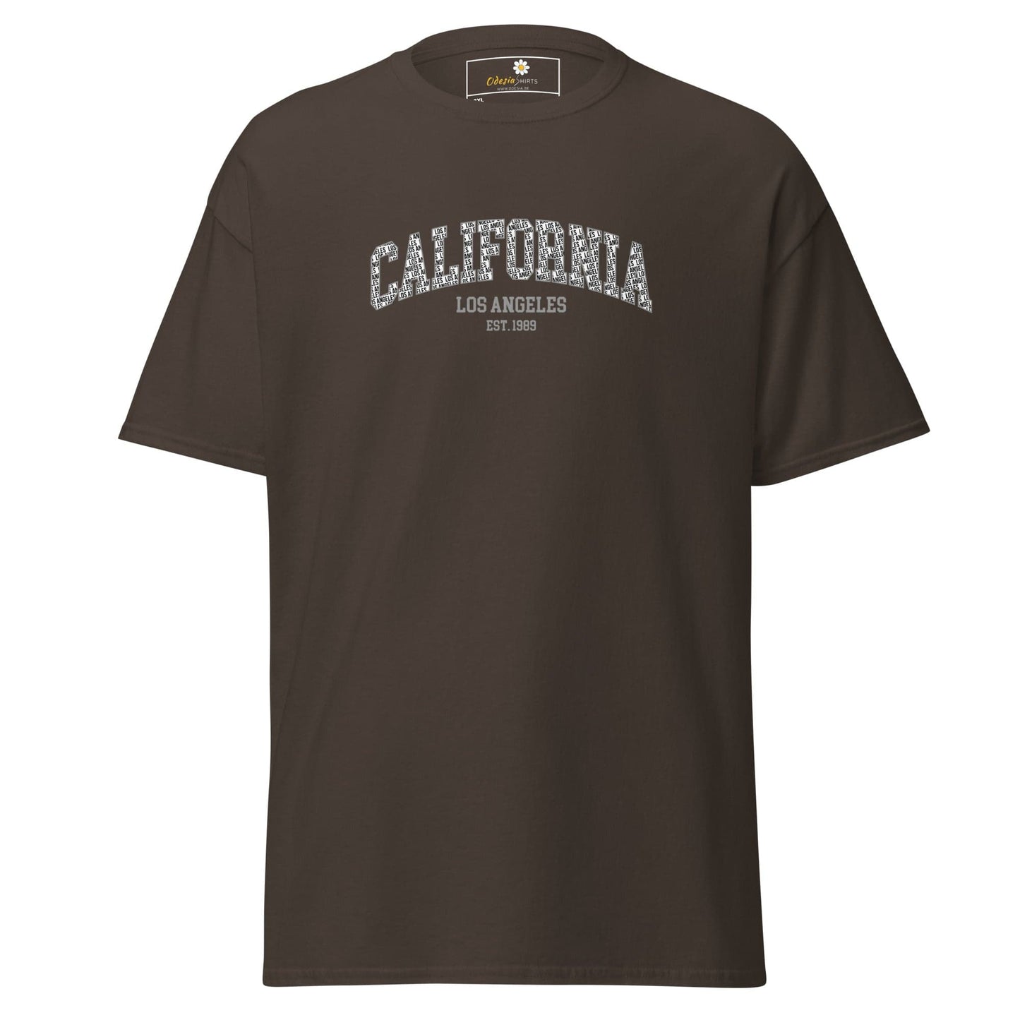Brown t-shirt with ’California’ graphic.