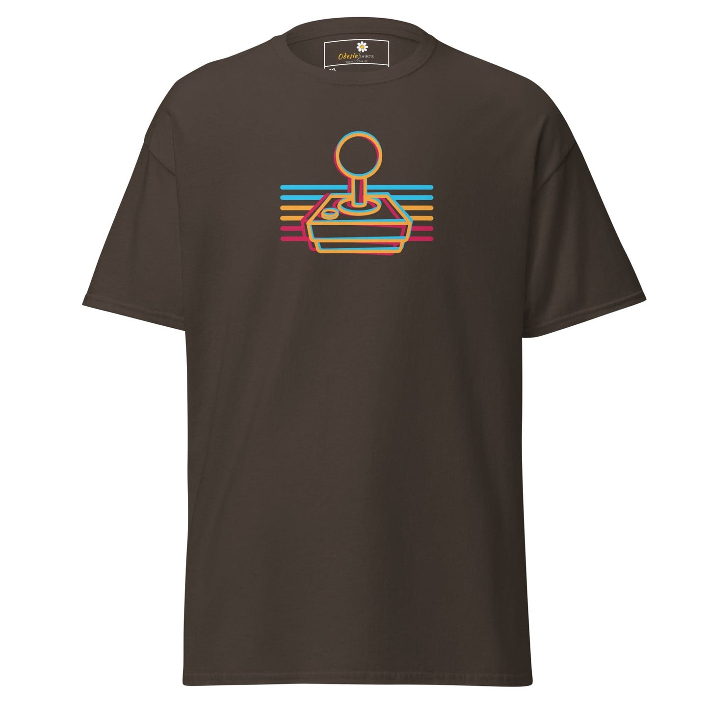 Brown t-shirt with retro joystick design.