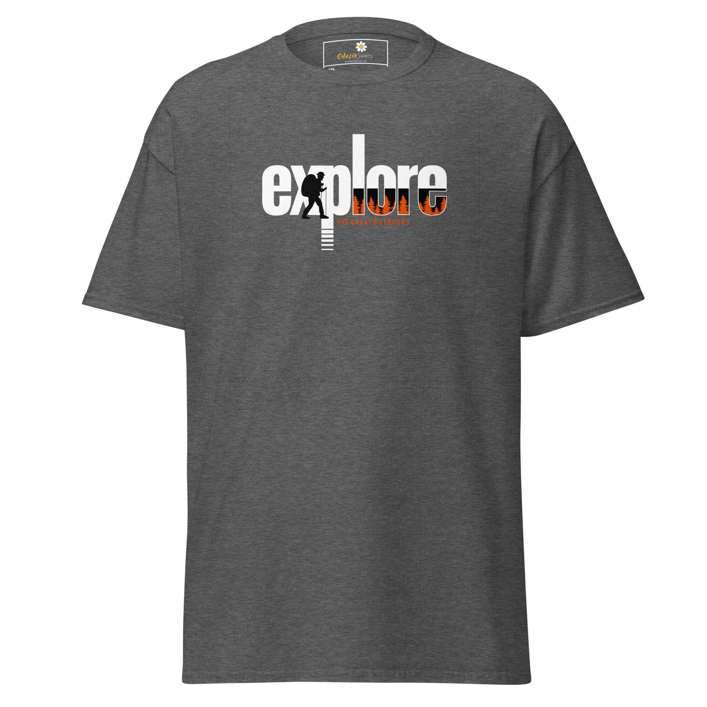 Gray t-shirt with ’explore’ graphic.