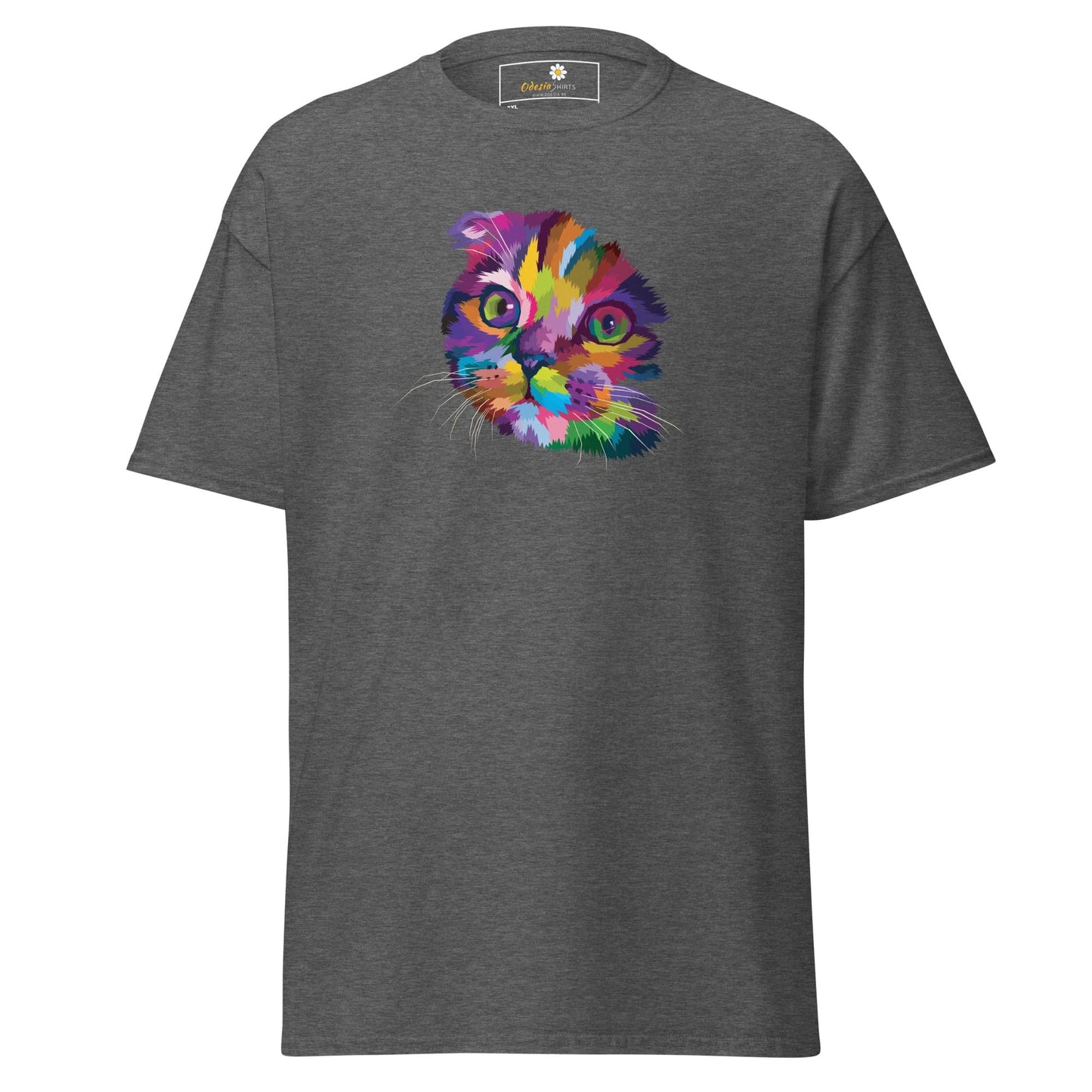 Gray T-shirt with a colorful cat graphic for men and women in 2XL to 5XL sizes